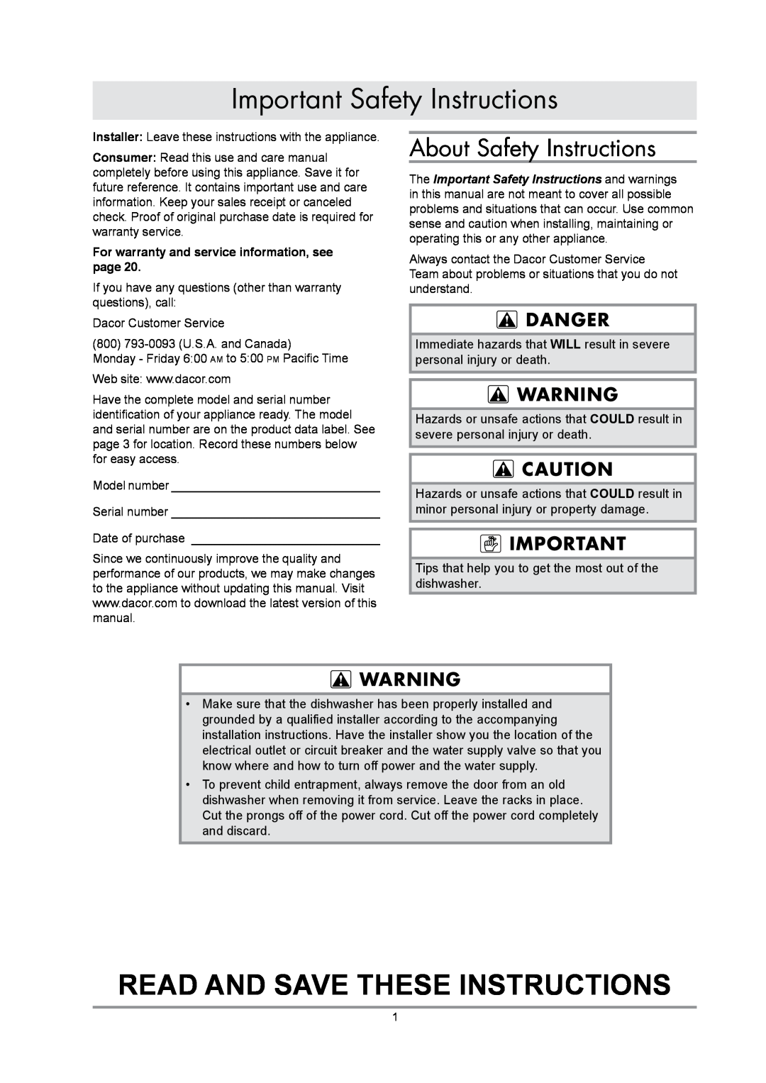 Dacor renaissance built-in dishwasher manual Read And Save These Instructions, Important Safety Instructions, danger 
