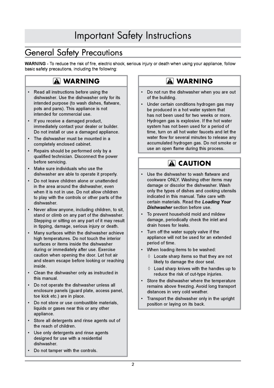 Dacor renaissance built-in dishwasher manual General Safety Precautions, Important Safety Instructions 