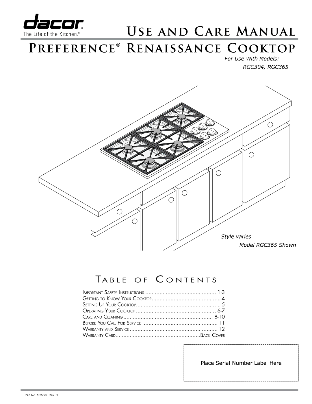 Dacor RGC304, RGC365 manual USE and Care Manual Preference Renaissance Cooktop 