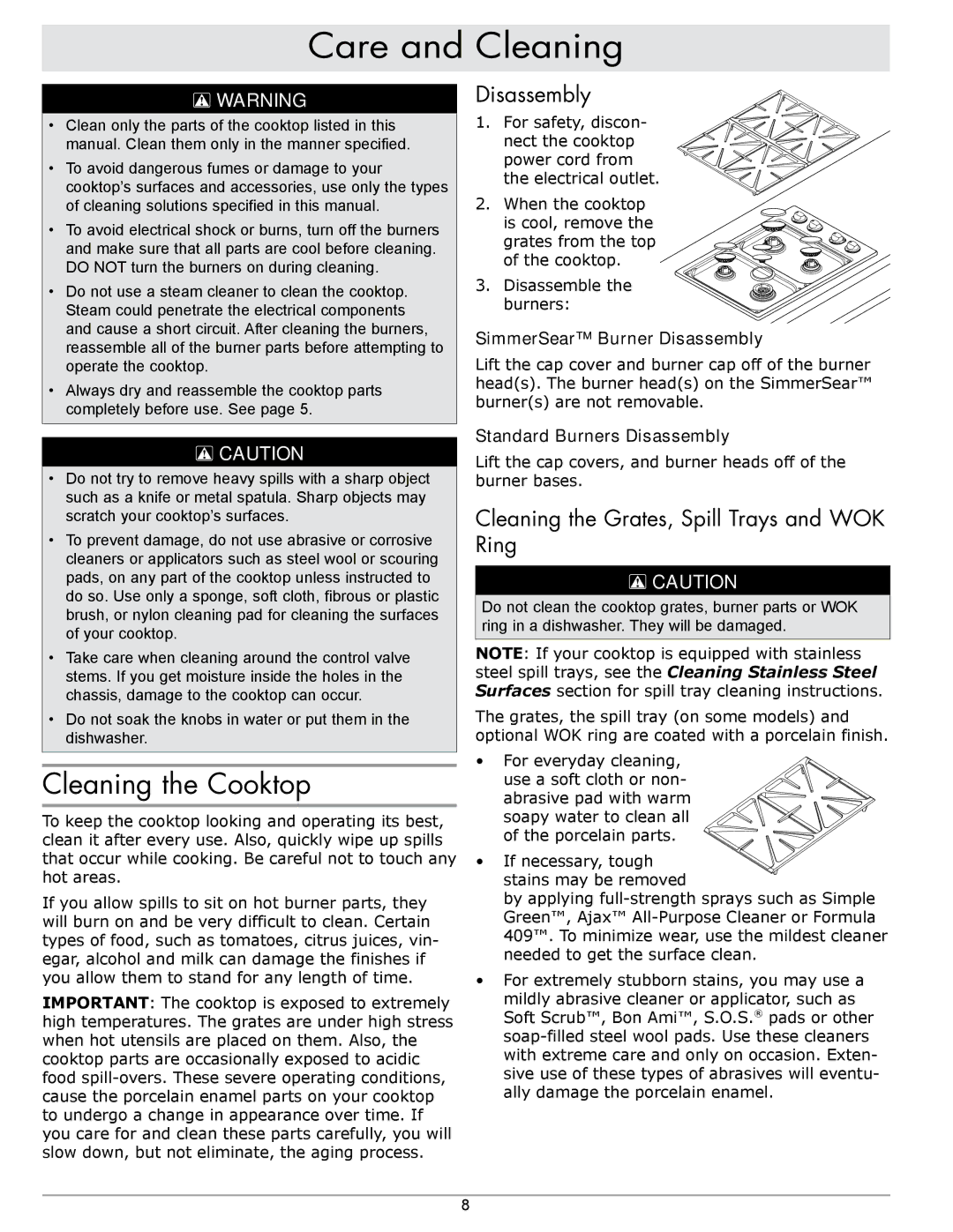 Dacor RGC365, RGC304 Care and Cleaning, Cleaning the Cooktop, Disassembly, Cleaning the Grates, Spill Trays and WOK Ring 