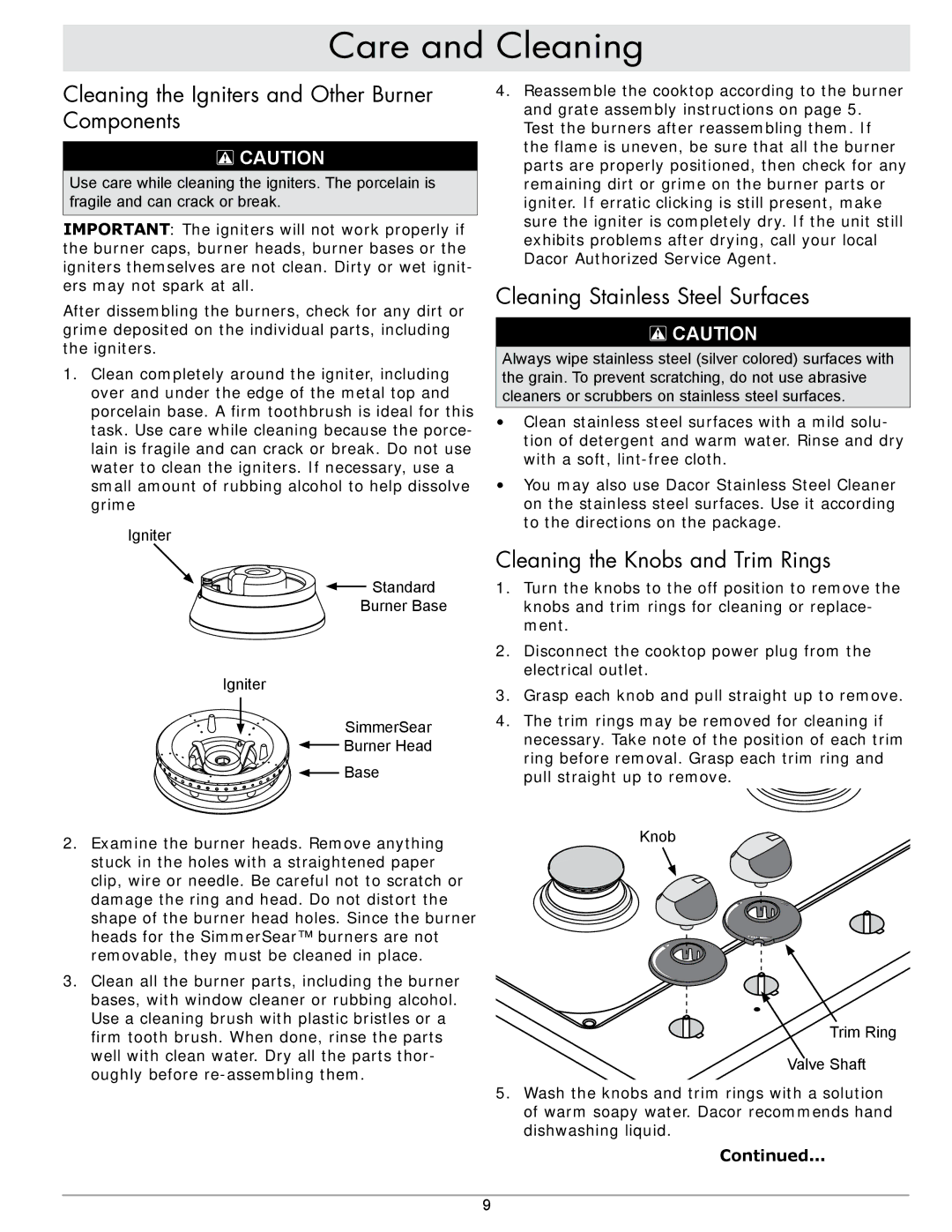 Dacor RGC304, RGC365 manual Cleaning the Igniters and Other Burner Components, Cleaning Stainless Steel Surfaces 