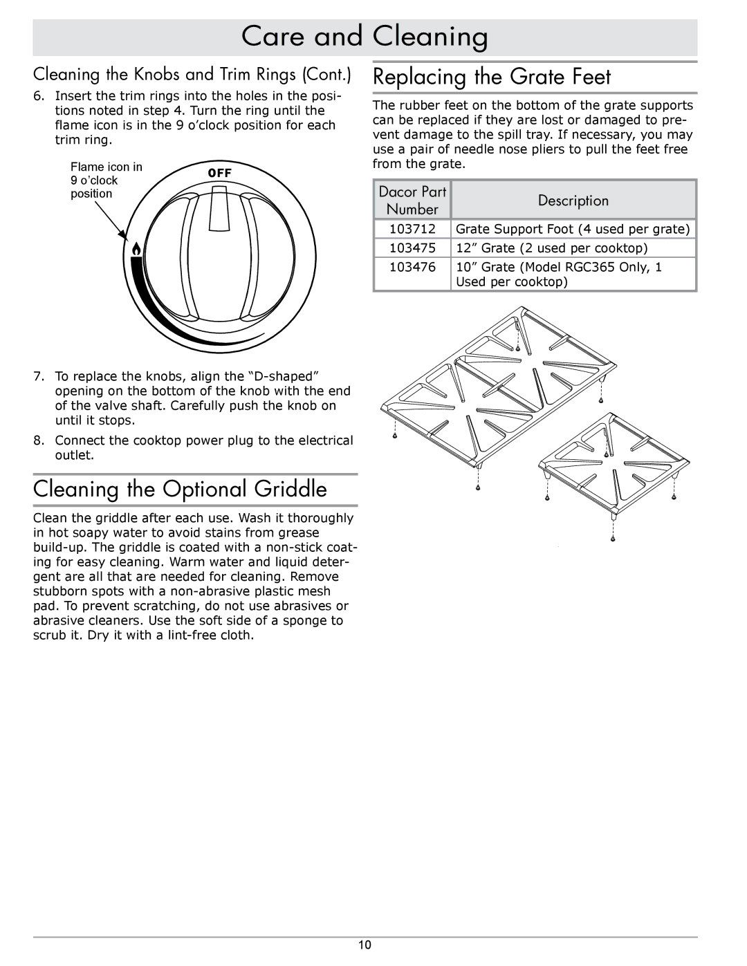 Dacor RGC365, RGC304 manual Cleaning the Optional Griddle, Replacing the Grate Feet 