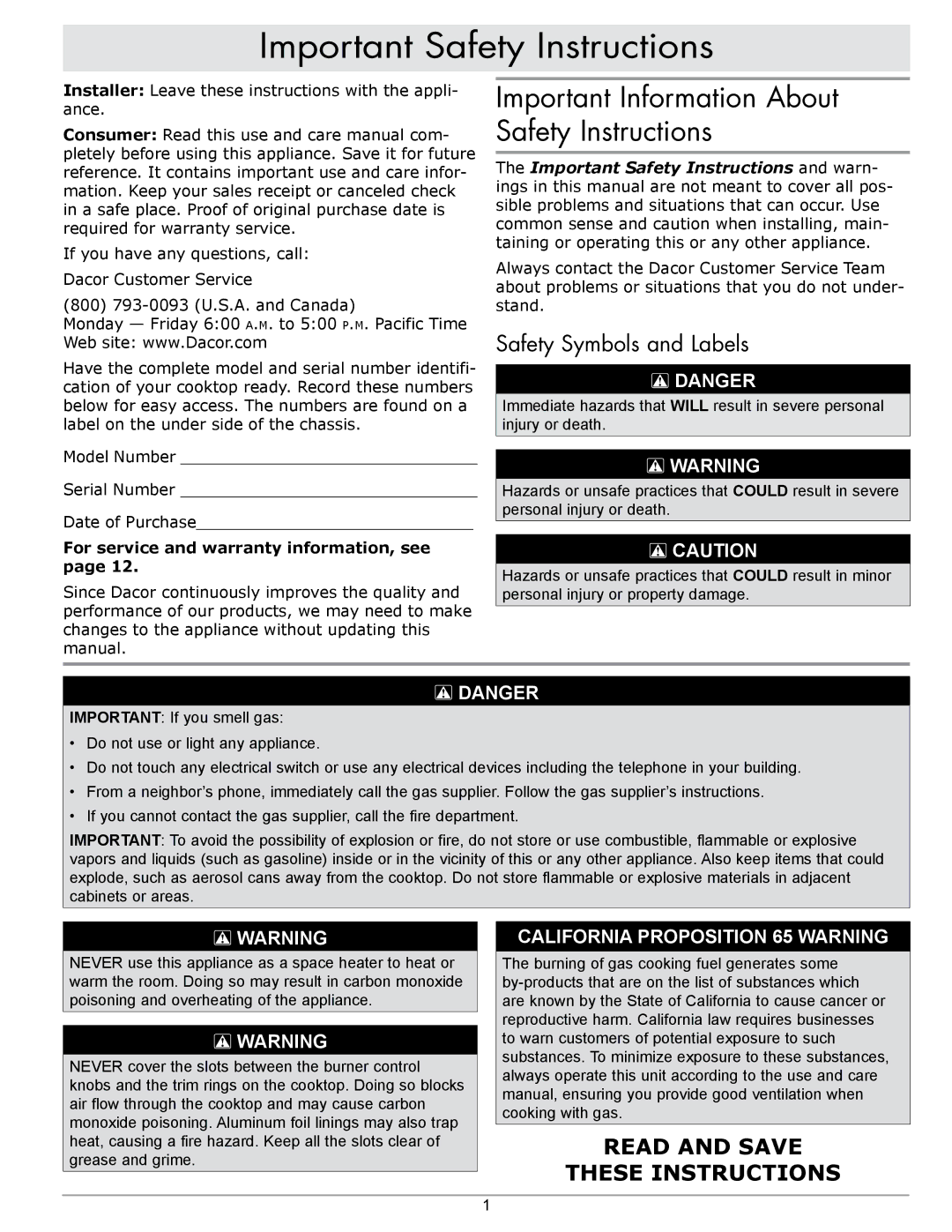 Dacor RGC304 Important Safety Instructions, Important Information About Safety Instructions, Safety Symbols and Labels 