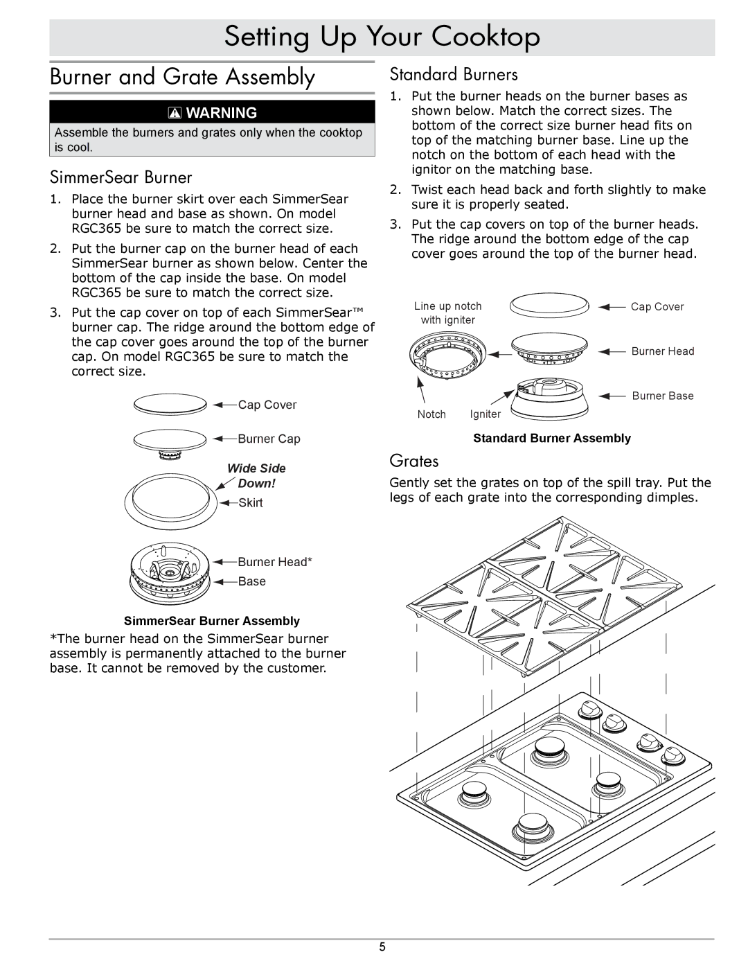 Dacor RGC304, RGC365 manual Setting Up Your Cooktop, Burner and Grate Assembly, SimmerSear Burner, Standard Burners, Grates 