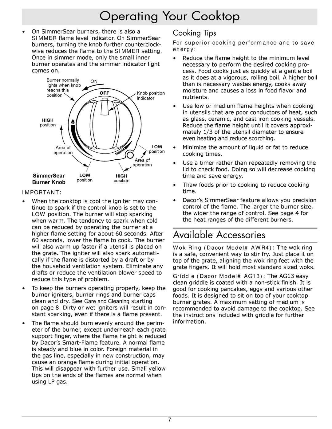 Dacor RGC304, RGC365 manual Available Accessories, Cooking Tips, For superior cooking performance and to save energy 