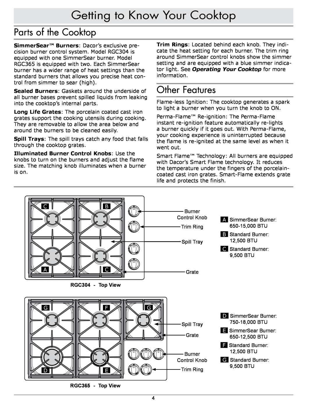 Dacor manual Getting to Know Your Cooktop, Parts of the Cooktop, Other Features, RGC304 - Top View, RGC365 - Top View 