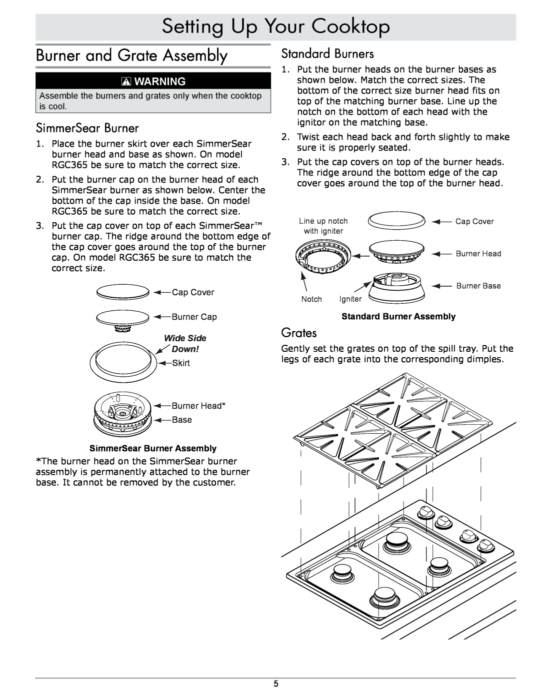 Dacor RGC304, RGC365 manual Setting Up Your Cooktop, Burner and Grate Assembly, SimmerSear Burner, Standard Burners, Grates 