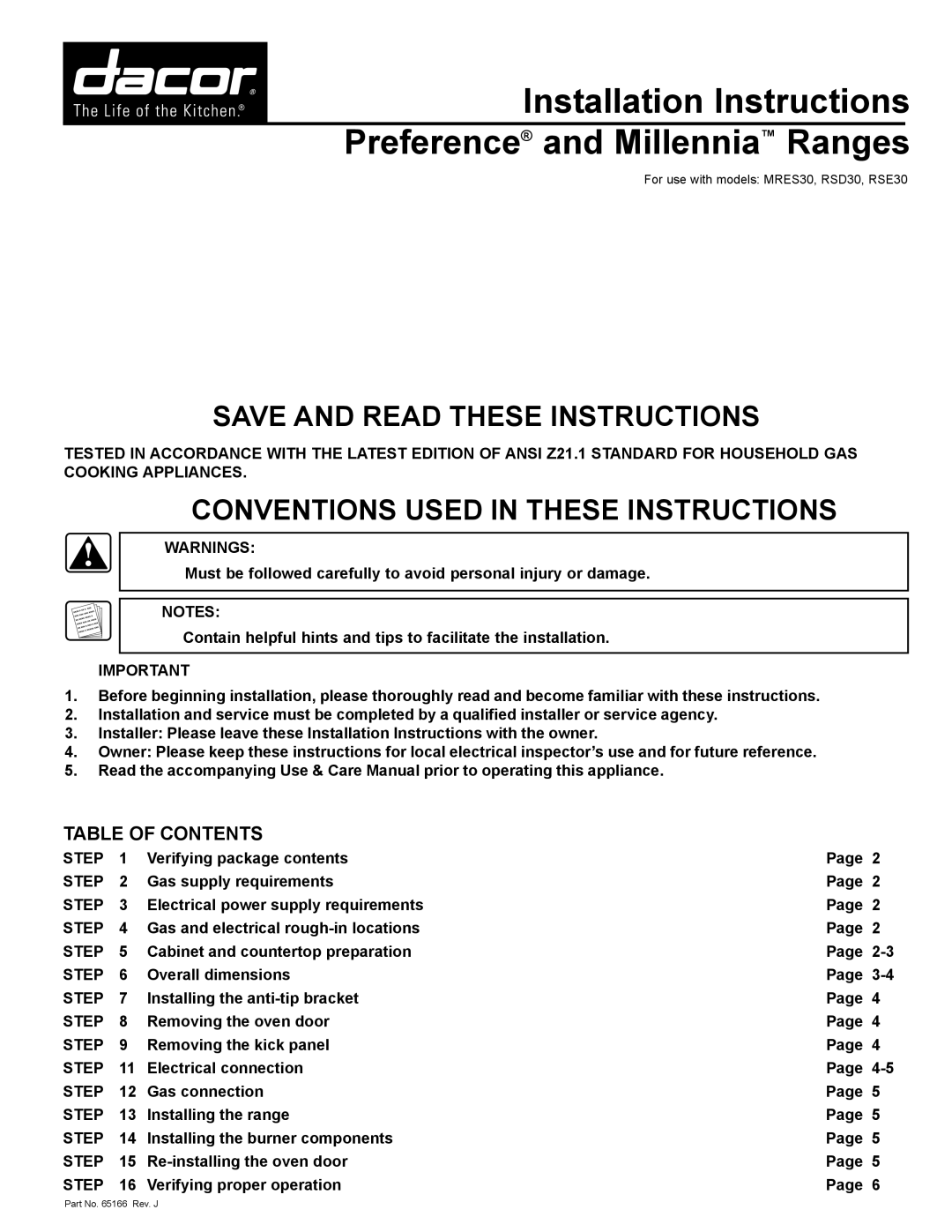 Dacor RSE30, rsd30, MRES30 installation instructions Installation Instructions Preference and Millennia Ranges 