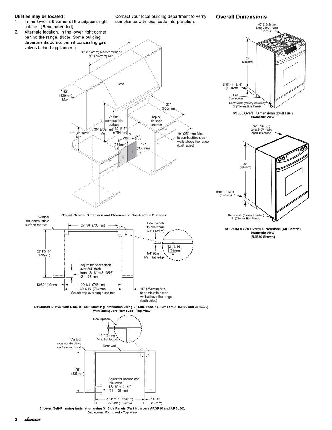 Dacor rsd30, MRES30 installation instructions Utilities may be located, RSE30 Shown 