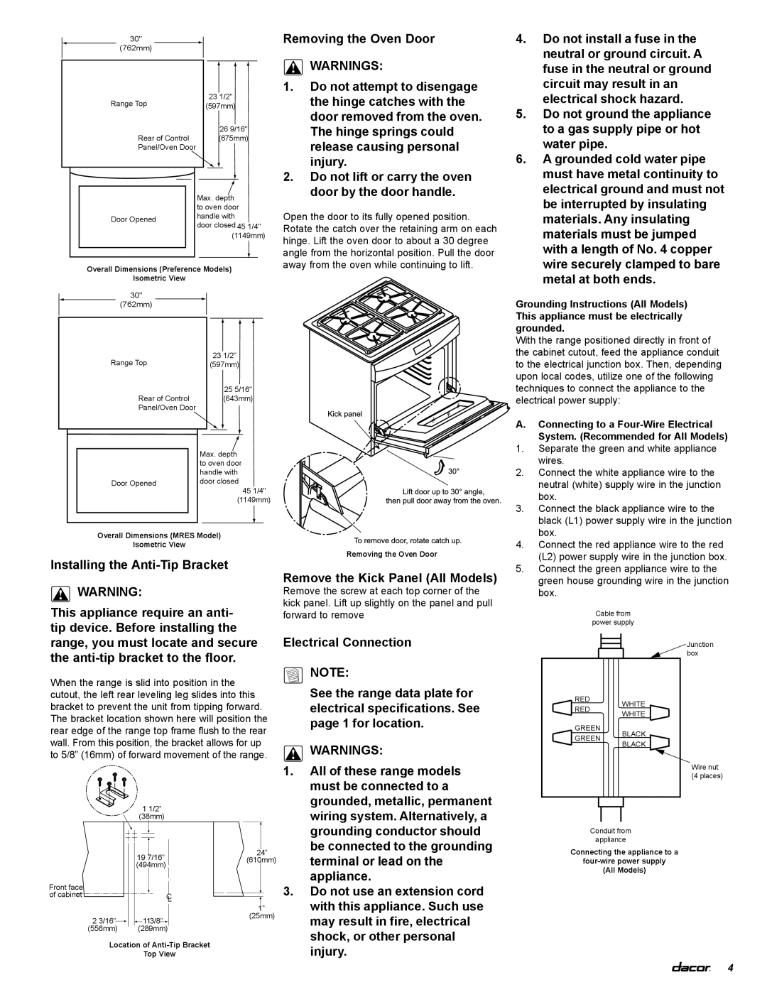 Dacor MRES30 Hinge springs could, Release causing personal, Injury, Do not lift or carry the oven, Door by the door handle 