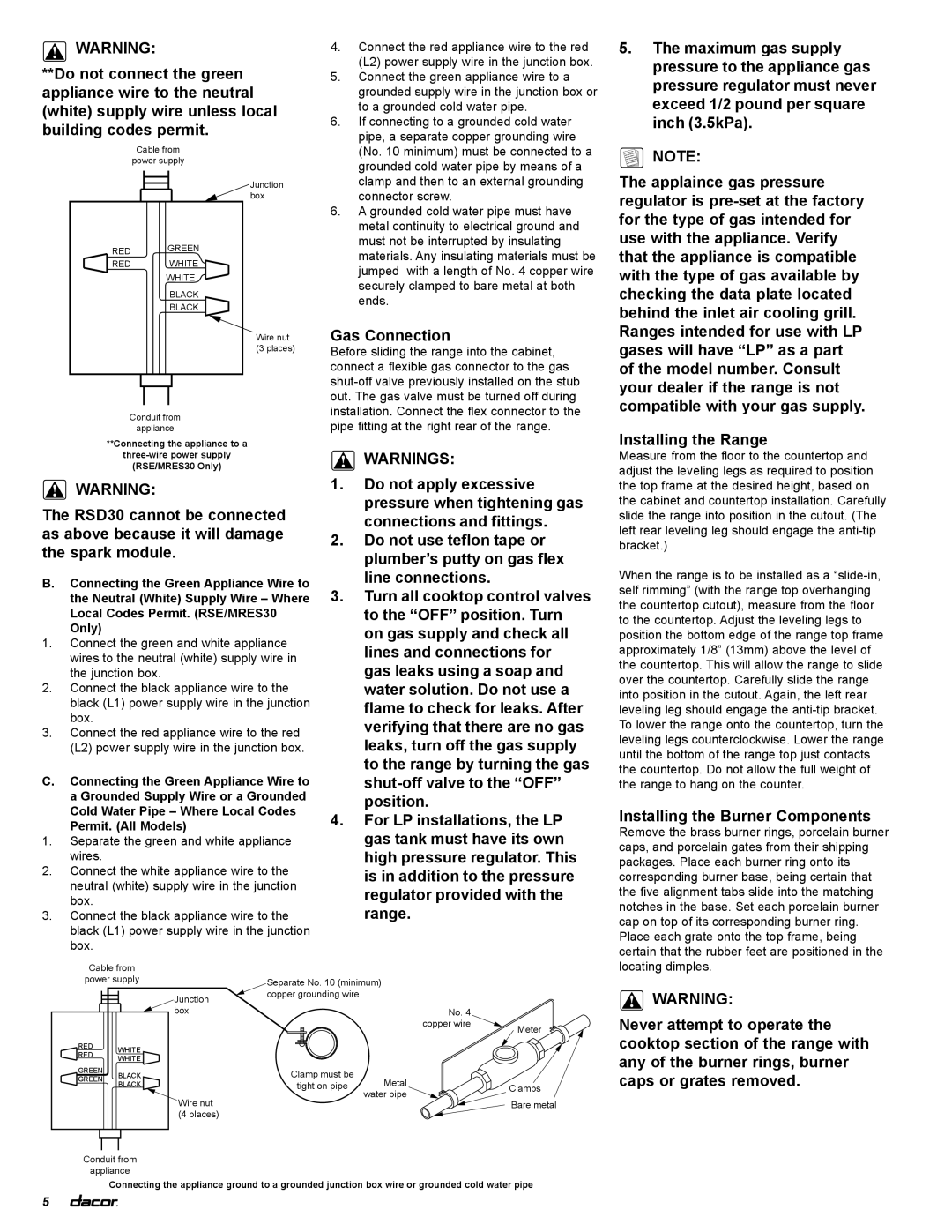 Dacor rsd30, RSE30, MRES30 installation instructions Only, Cold Water Pipe Where Local Codes Permit. All Models 