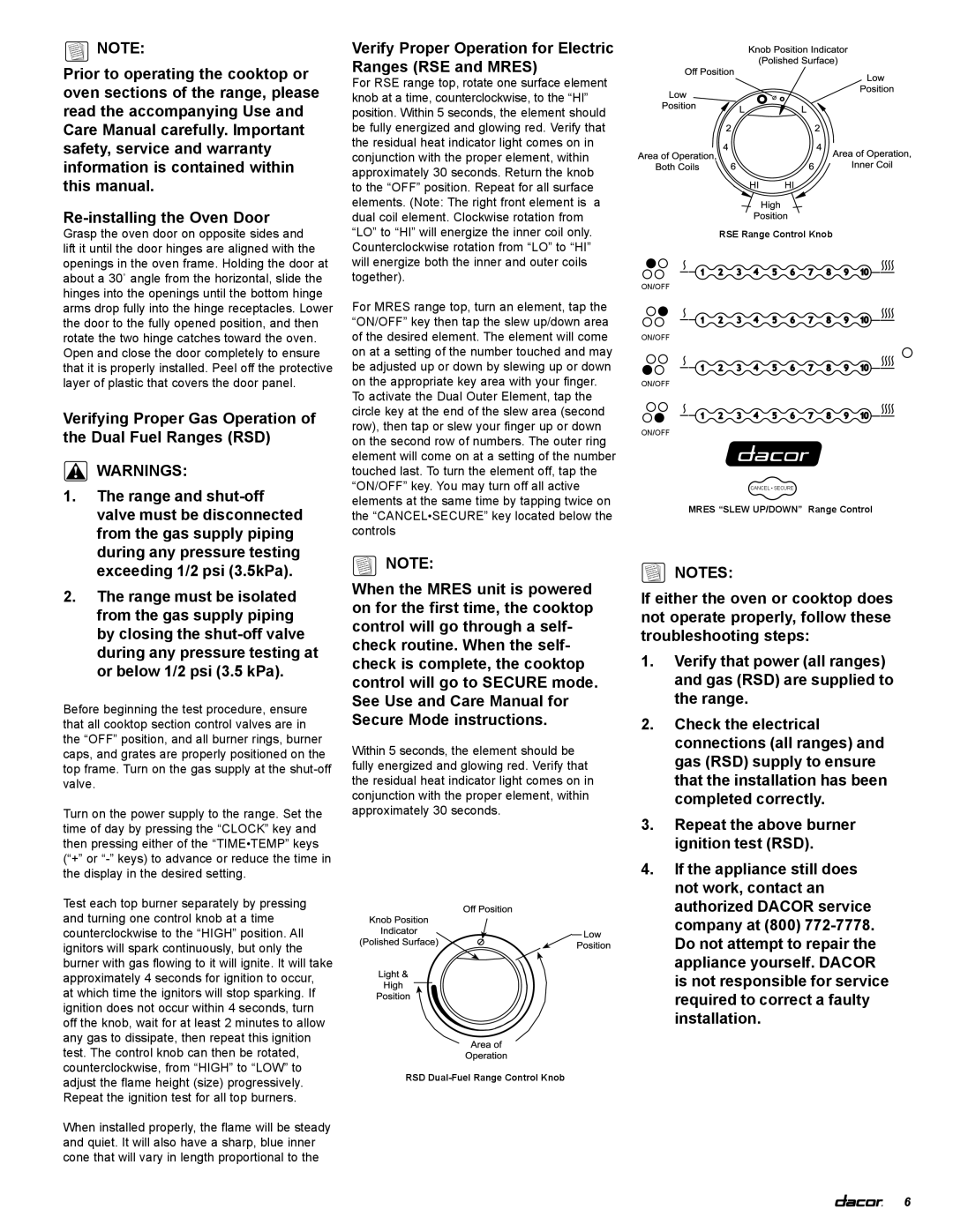 Dacor RSE30, rsd30, MRES30 installation instructions Verify Proper Operation for Electric Ranges RSE and Mres 