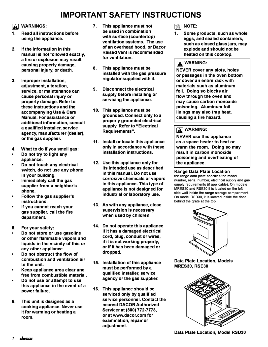 Dacor MRES30, rsd30, RSE30 installation instructions Important Safety Instructions 