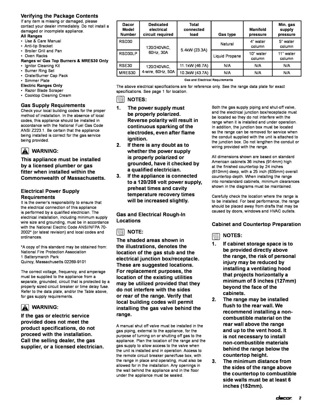 Dacor rsd30, RSE30, MRES30 installation instructions Verifying the Package Contents 
