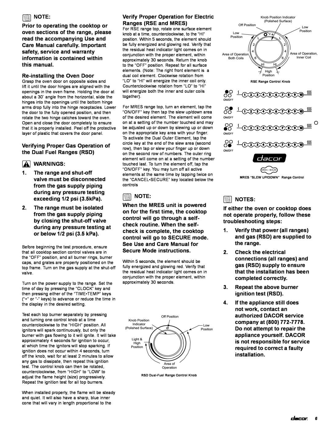 Dacor RSE30, rsd30, MRES30 installation instructions Re-installing the Oven Door 