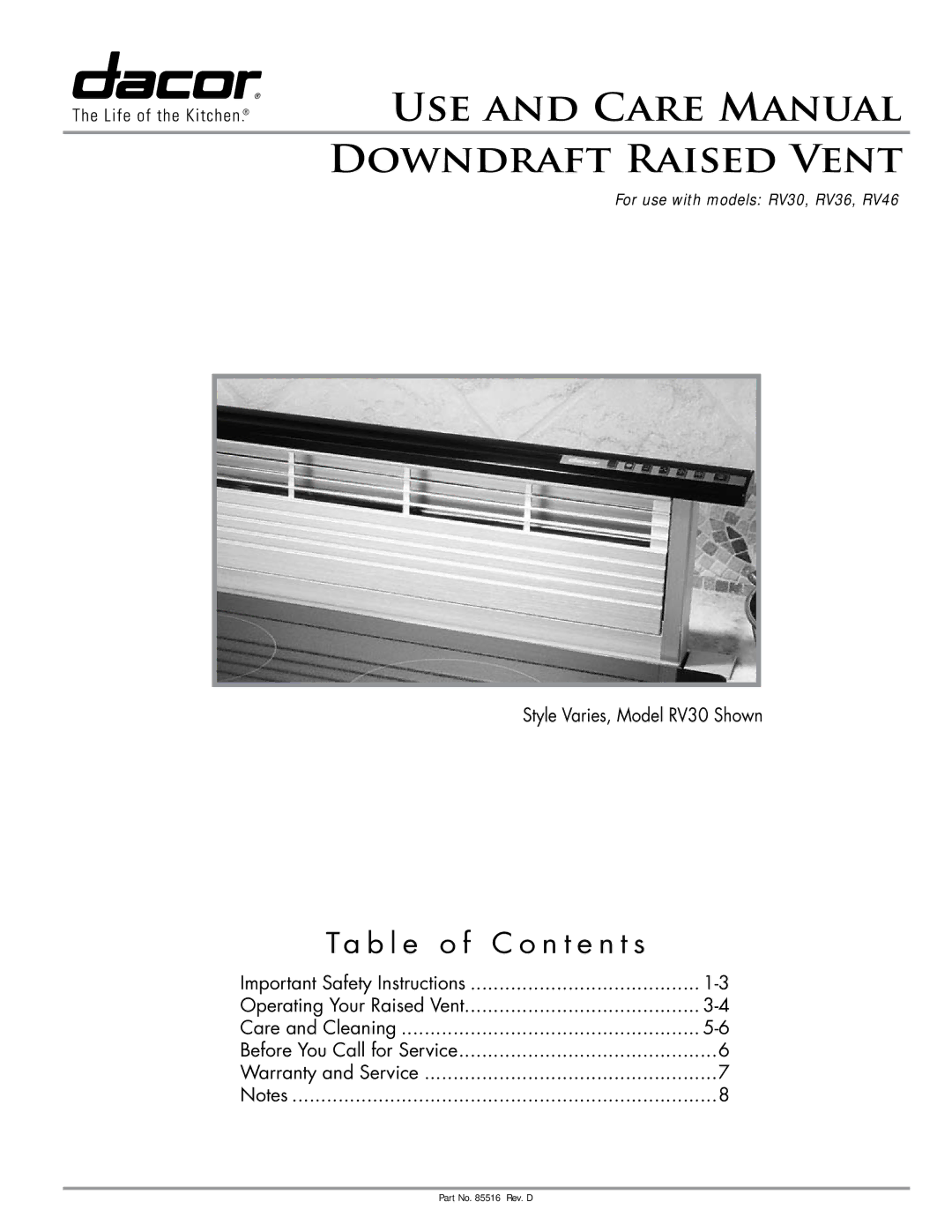 Dacor RV46, RV36 important safety instructions USE and Care Manual Downdraft Raised Vent, Ta b l e o f C o n t e n t s 