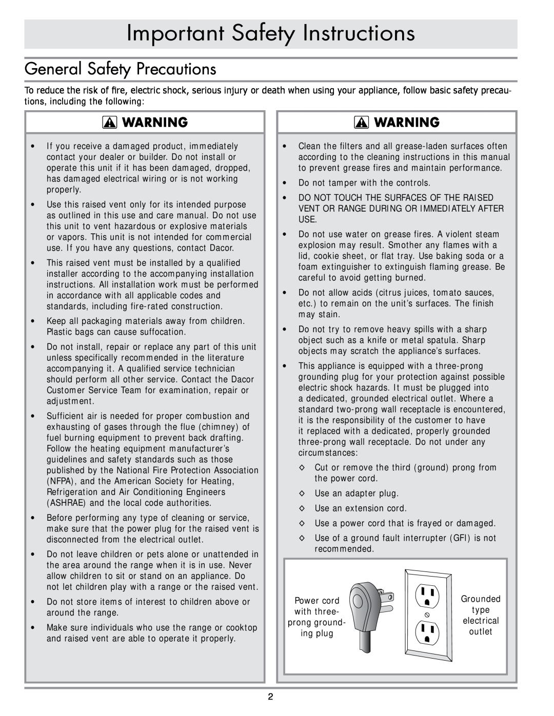 Dacor RV46, RV36, RV30 important safety instructions General Safety Precautions, Important Safety Instructions 