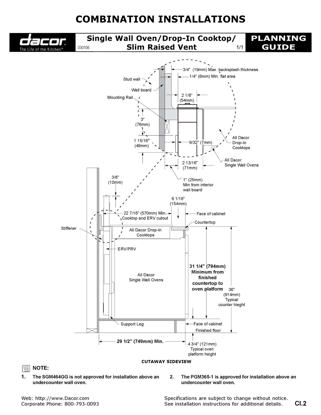 Dacor SGM464CG specifications Combination Installations, Planning, Guide 