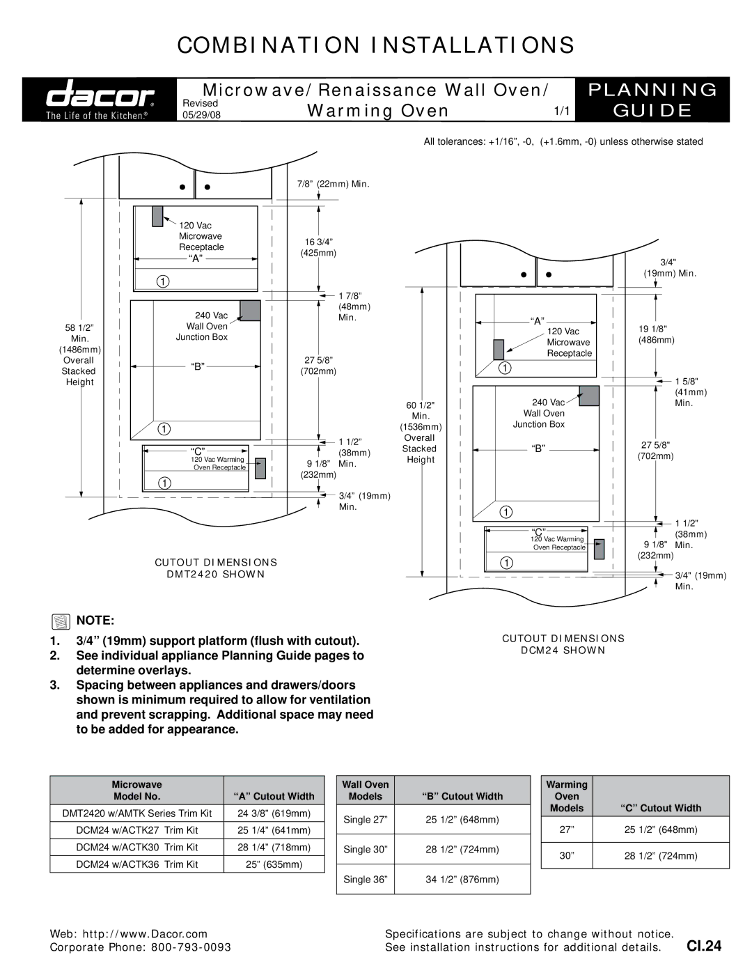 Dacor DMT2420 w/AMTK installation instructions Combination Installations, Planning, Guide, Cutout dimensions Dmt2420 shown 