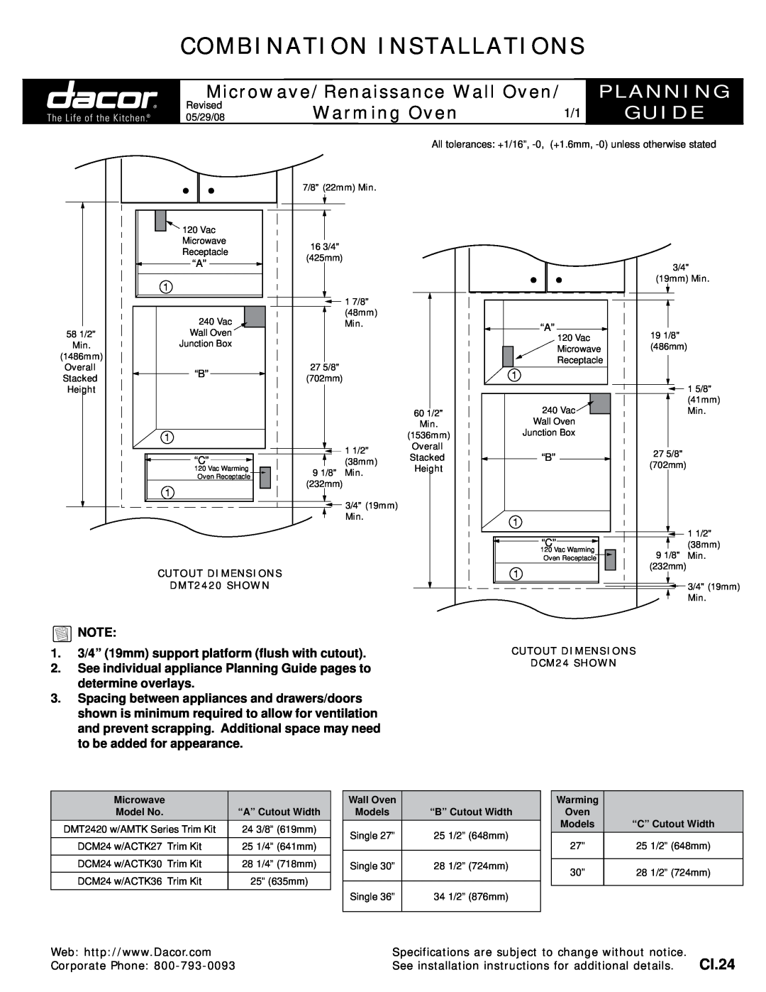 Dacor DMT2420 w/AMTK installation instructions Combination Installations, Microwave/Renaissance Wall Oven, Planning, Guide 