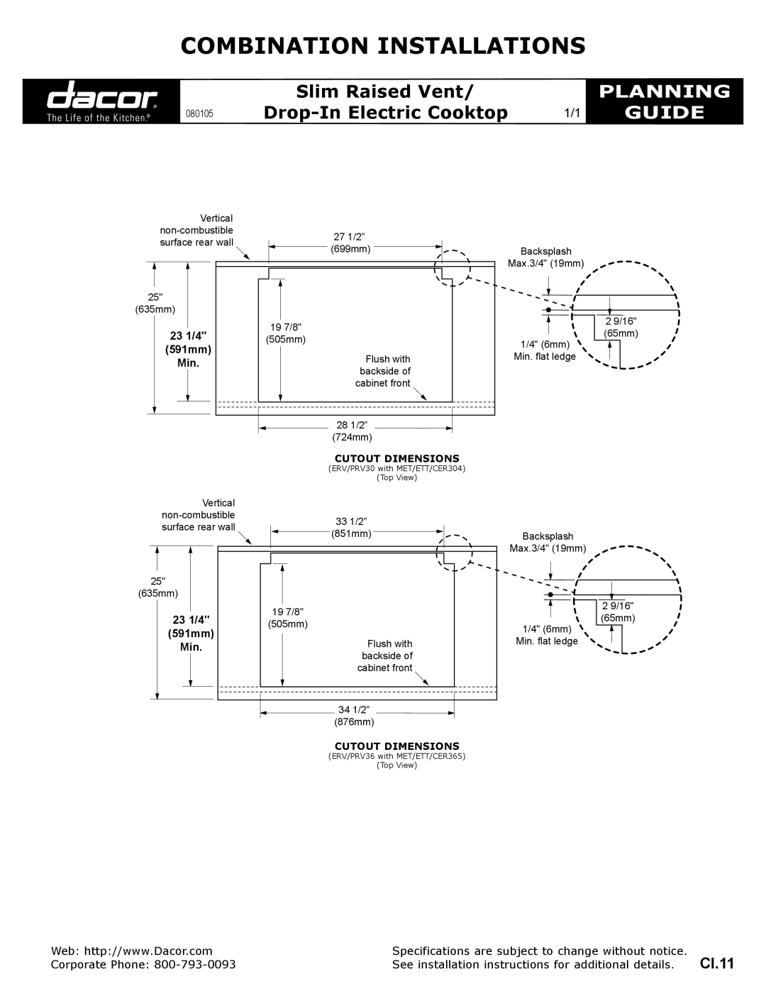 Dacor Slim Raised Vent/Drop-In Electric Cooktop specifications Combination Installations, Planning, Guide, 23 1/4, Min 