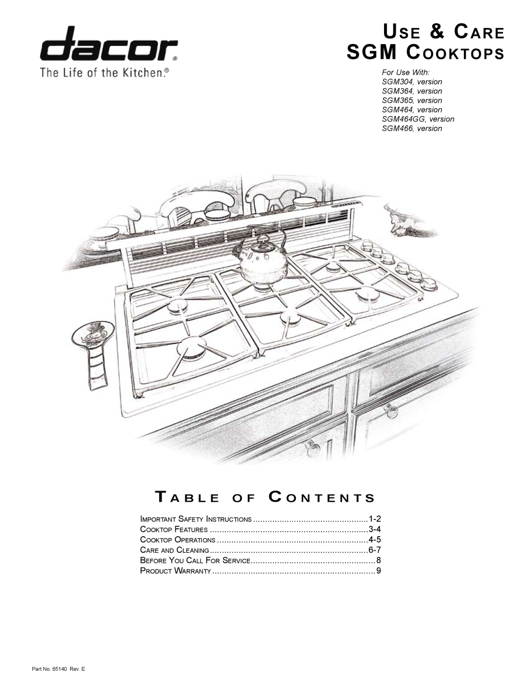 Dacor SGM466, version, SGM464GG, SGM365, SGM364, SGM304 important safety instructions Use & Care SGM Cooktops 