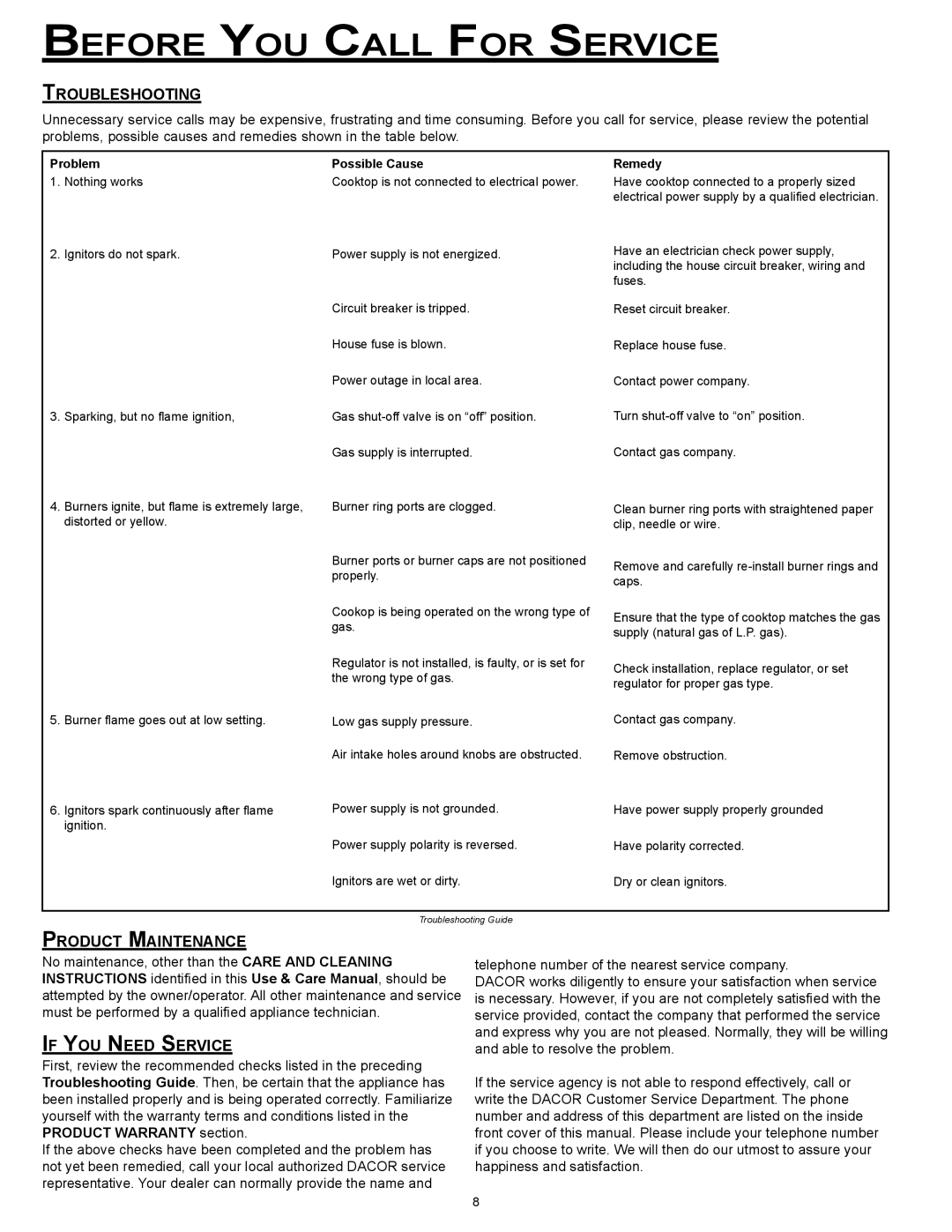 Dacor SGM365, version, SGM466, SGM464 Before You Call For Service, Troubleshooting, Product Maintenance, If You Need Service 
