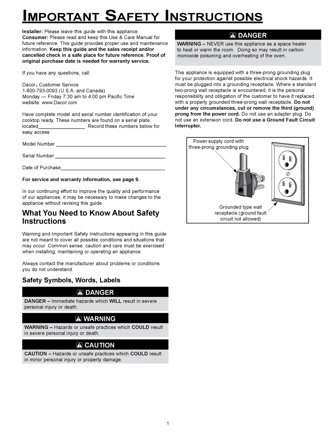 Dacor SGM365, version, SGM466, SGM464GG, SGM364 Important Safety Instructions, For service and warranty information, see 