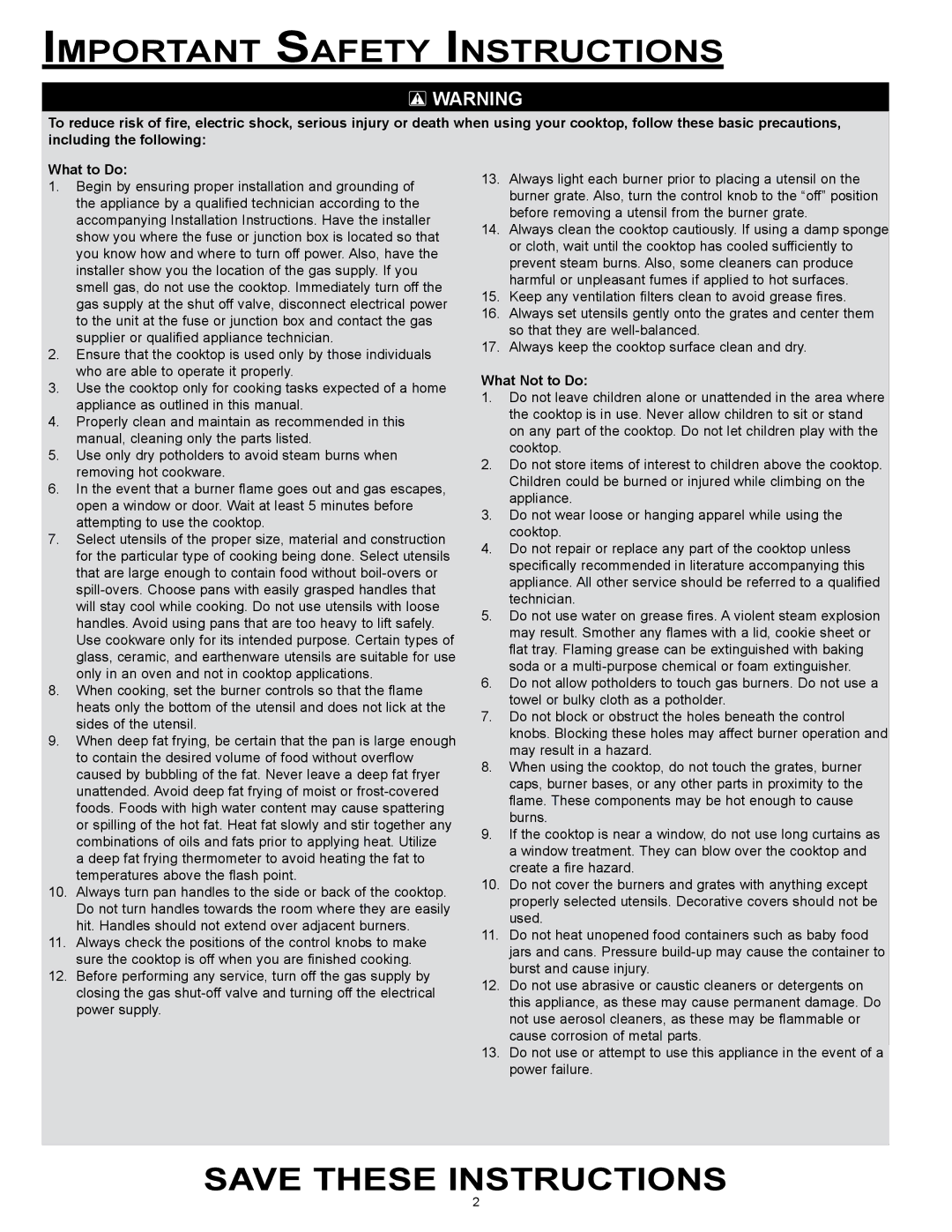 Dacor version, SGM466, SGM464GG, SGM365, SGM364, SGM304 important safety instructions What Not to Do 