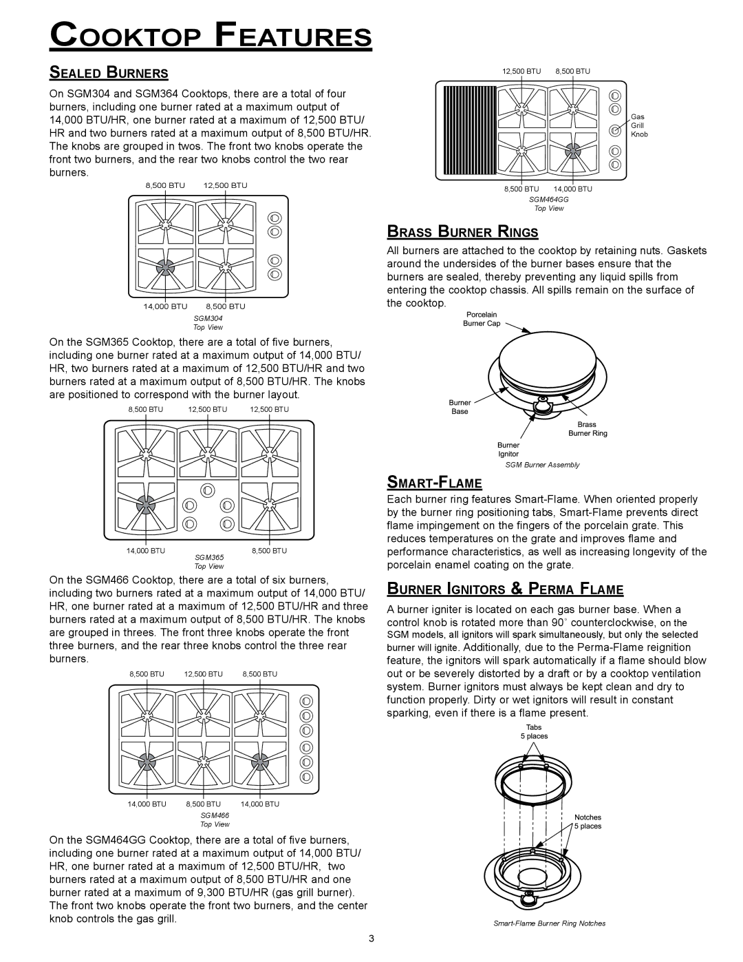 Dacor SGM364, version Cooktop Features, Sealed Burners, Brass Burner Rings, Smart-Flame, Burner Ignitors & Perma Flame 