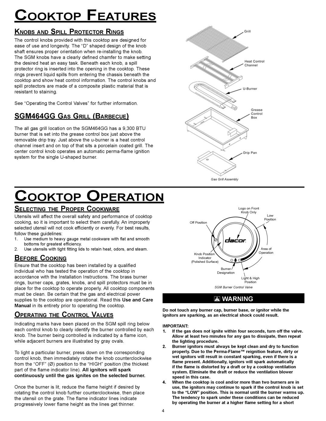 Dacor SGM304, version, SGM466, SGM464GG, SGM365, SGM364 important safety instructions Cooktop Operation 