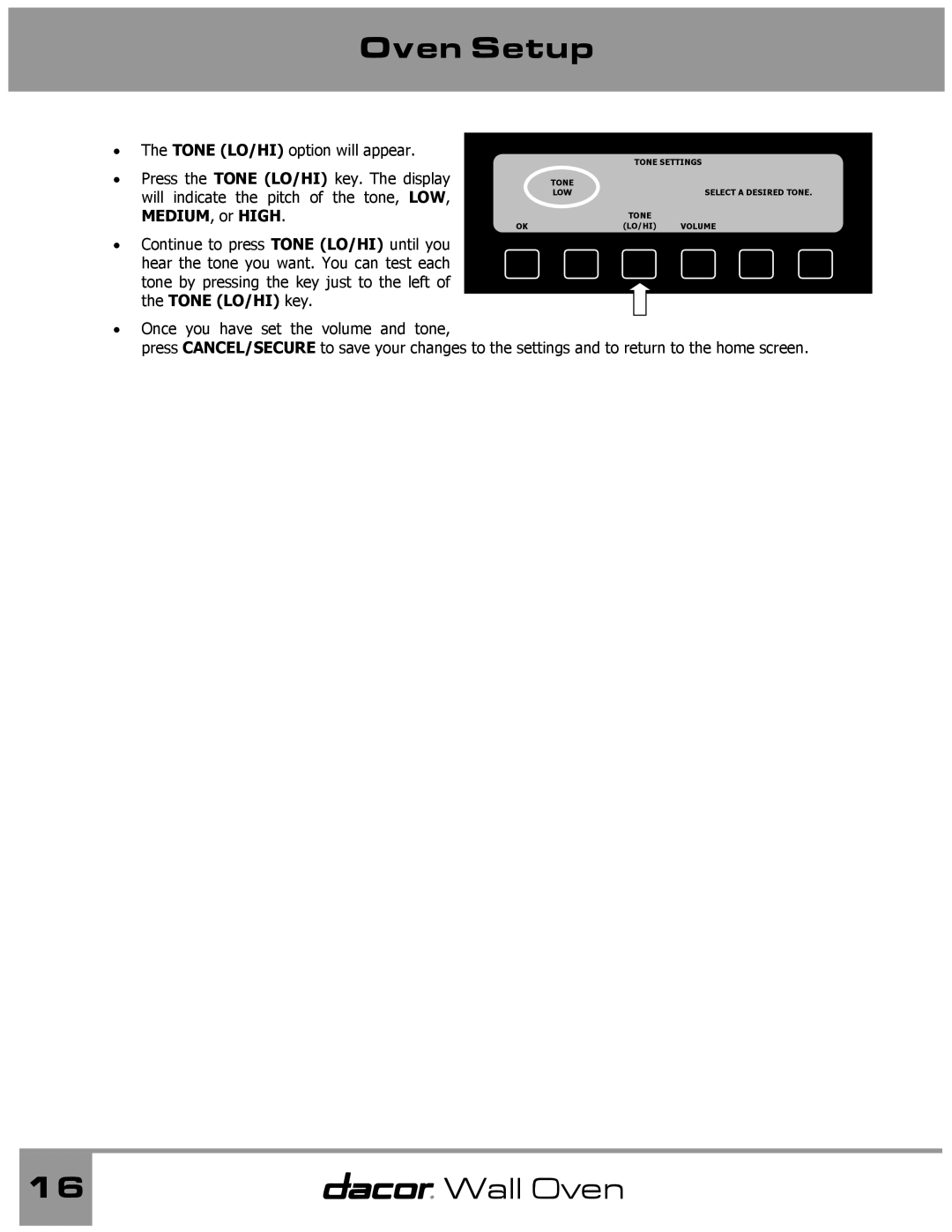 Dacor Wall Oven manual Tone Select a Desired Tone LOW LO/HI Volume 