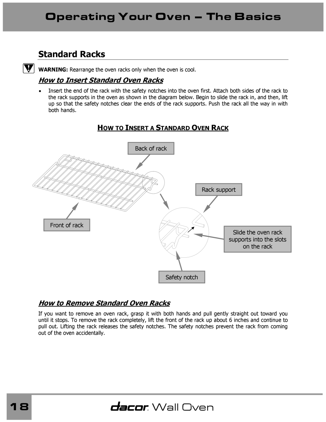 Dacor Wall Oven manual Operating Your Oven The Basics, Standard Racks, How to Insert Standard Oven Racks 