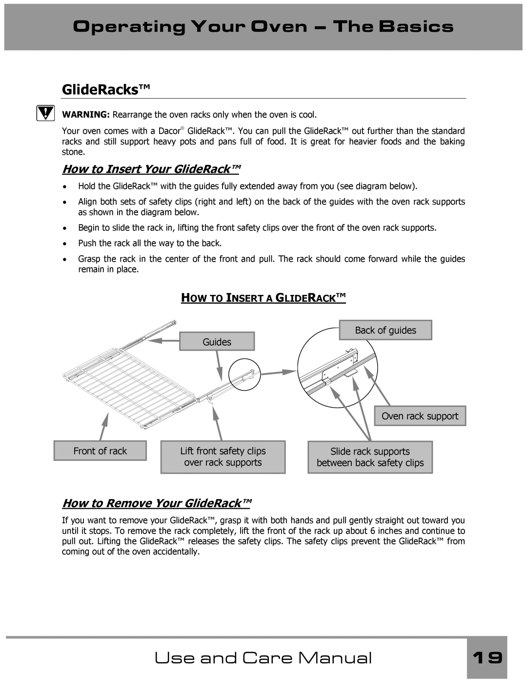 Dacor Wall Oven manual GlideRacks, How to Insert Your GlideRack, How to Remove Your GlideRack 