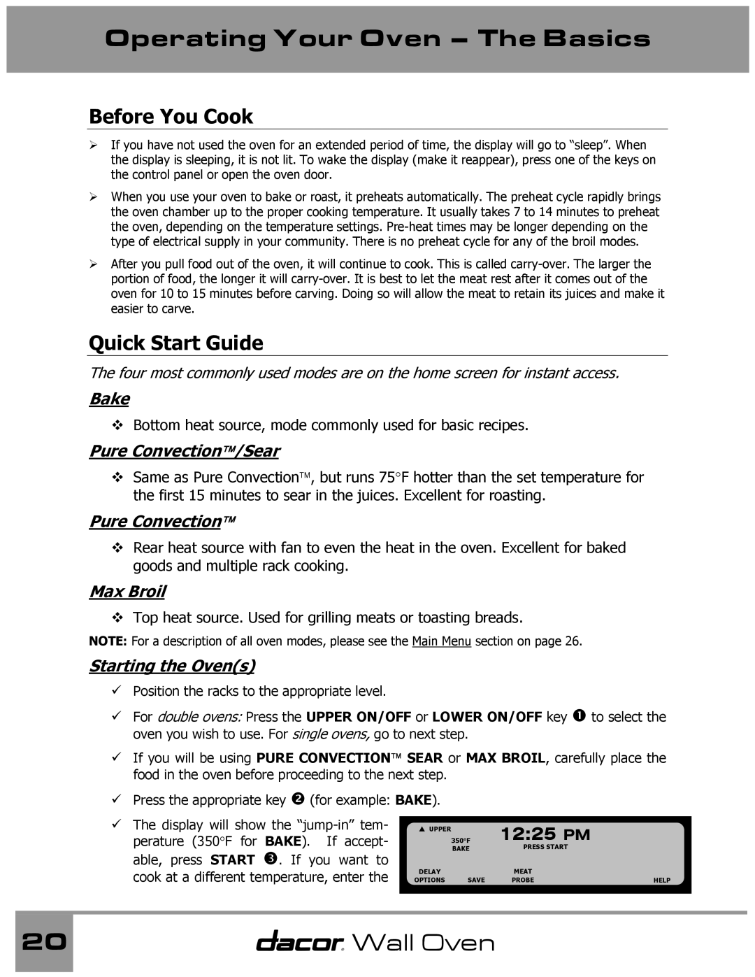 Dacor Wall Oven manual Before You Cook, Quick Start Guide 