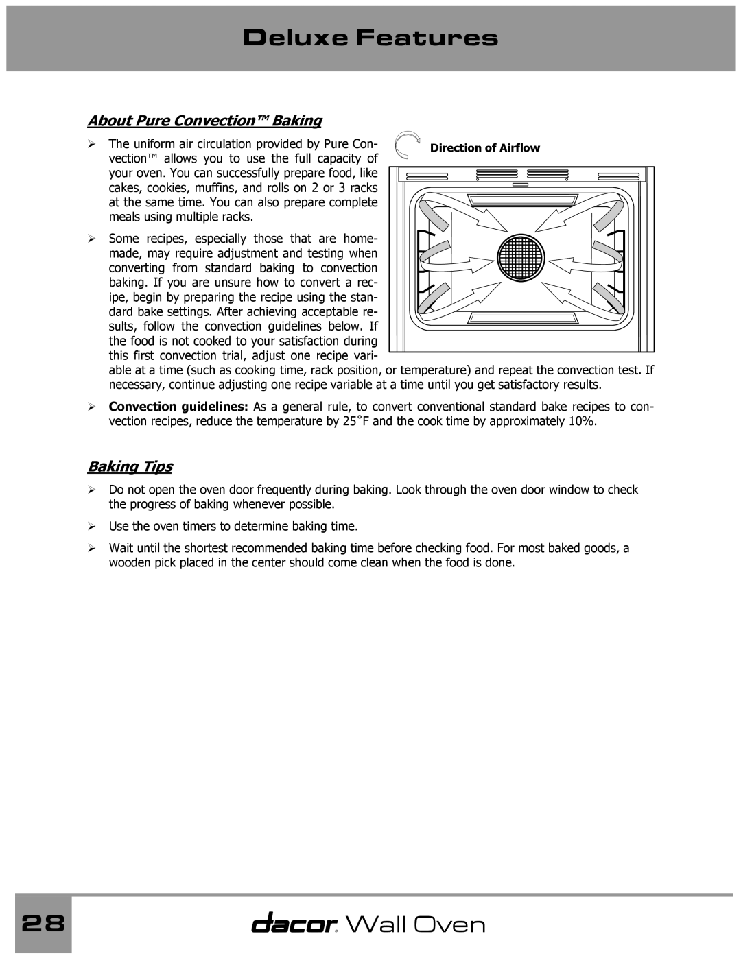 Dacor Wall Oven manual About Pure Convection Baking, Baking Tips 