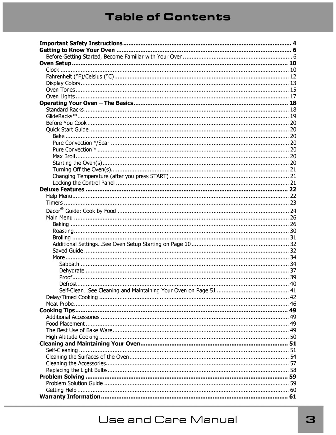 Dacor Wall Oven manual Table of Contents 