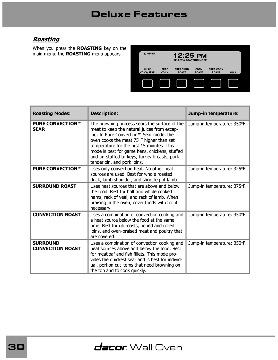 Dacor Wall Oven manual Roasting Modes Description Jump-in temperature 