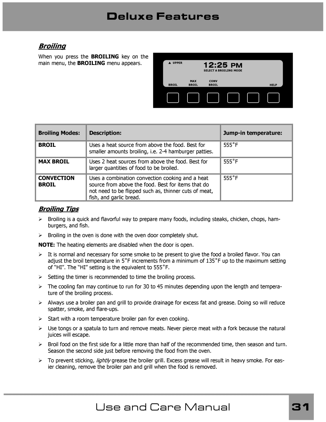 Dacor Wall Oven manual Broiling Tips, Broiling Modes Description Jump-in temperature 