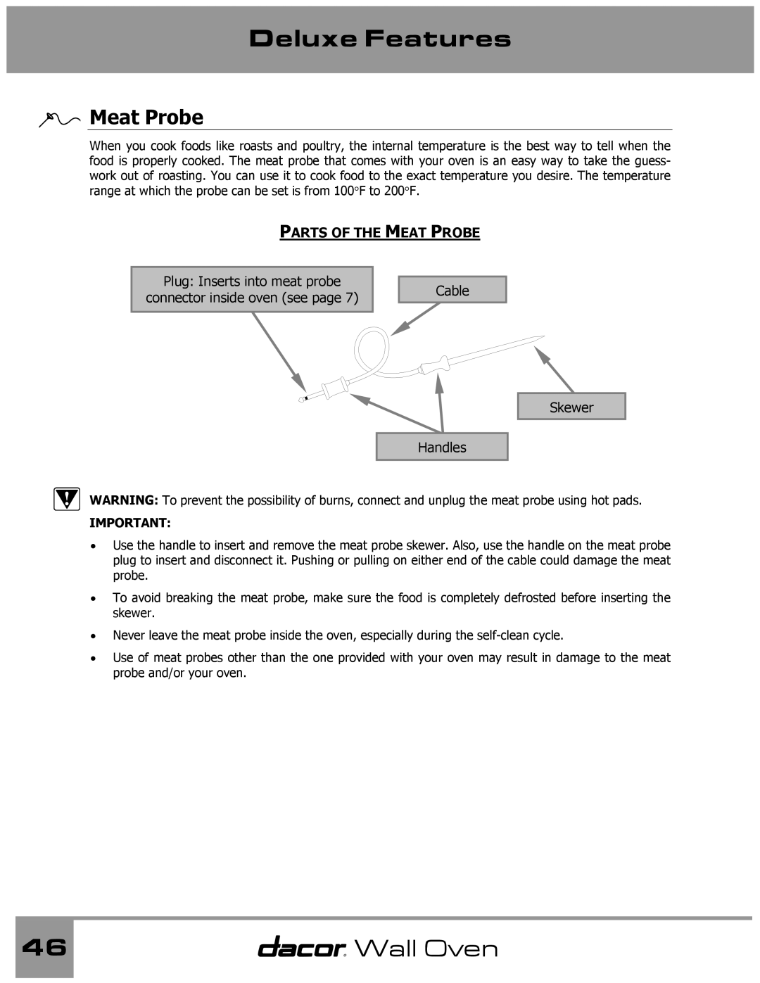 Dacor Wall Oven manual Parts of the Meat Probe 