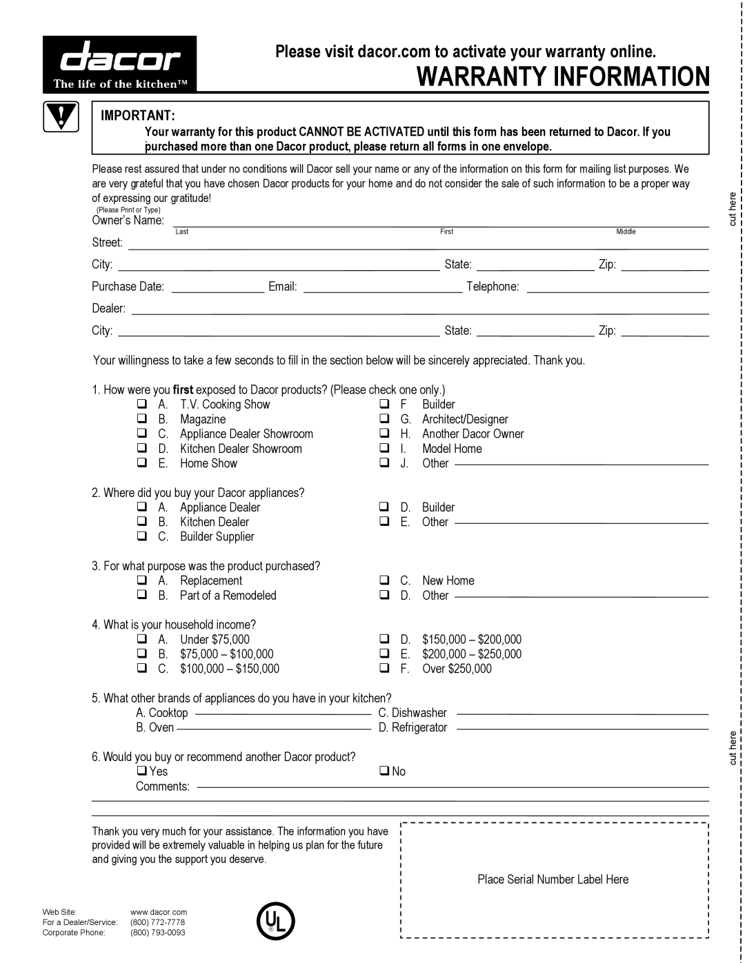 Dacor Wall Oven manual Warranty Information 