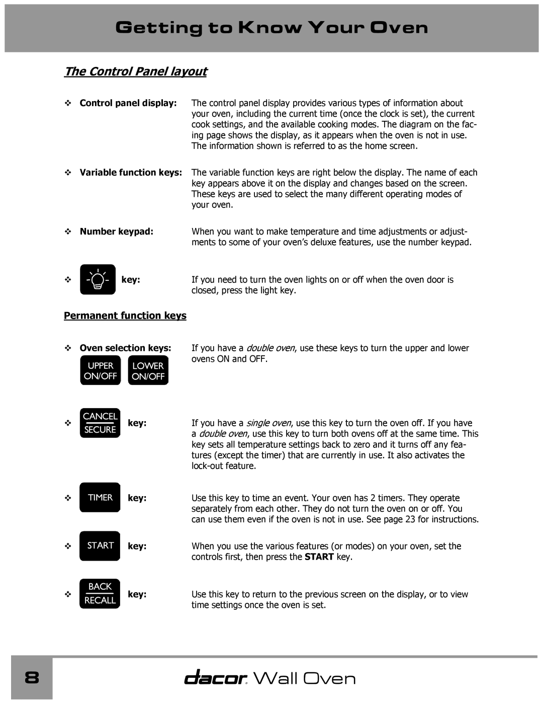 Dacor Wall Oven manual Control Panel layout, Permanent function keys 