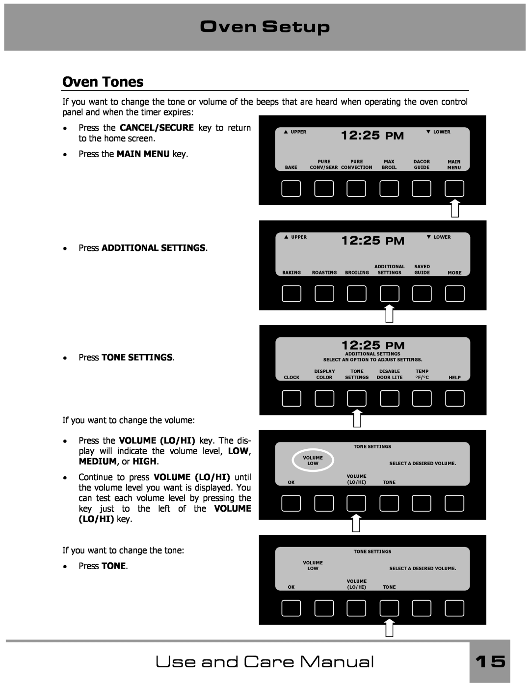 Dacor Wall Oven manual Oven Tones, Oven Setup, Use and Care Manual, 1225 PM, Press ADDITIONAL SETTINGS, Press TONE SETTINGS 