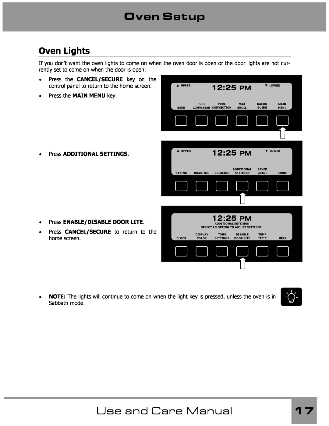 Dacor Wall Oven manual Oven Lights, Oven Setup, Use and Care Manual, 1225 PM, Press ADDITIONAL SETTINGS 