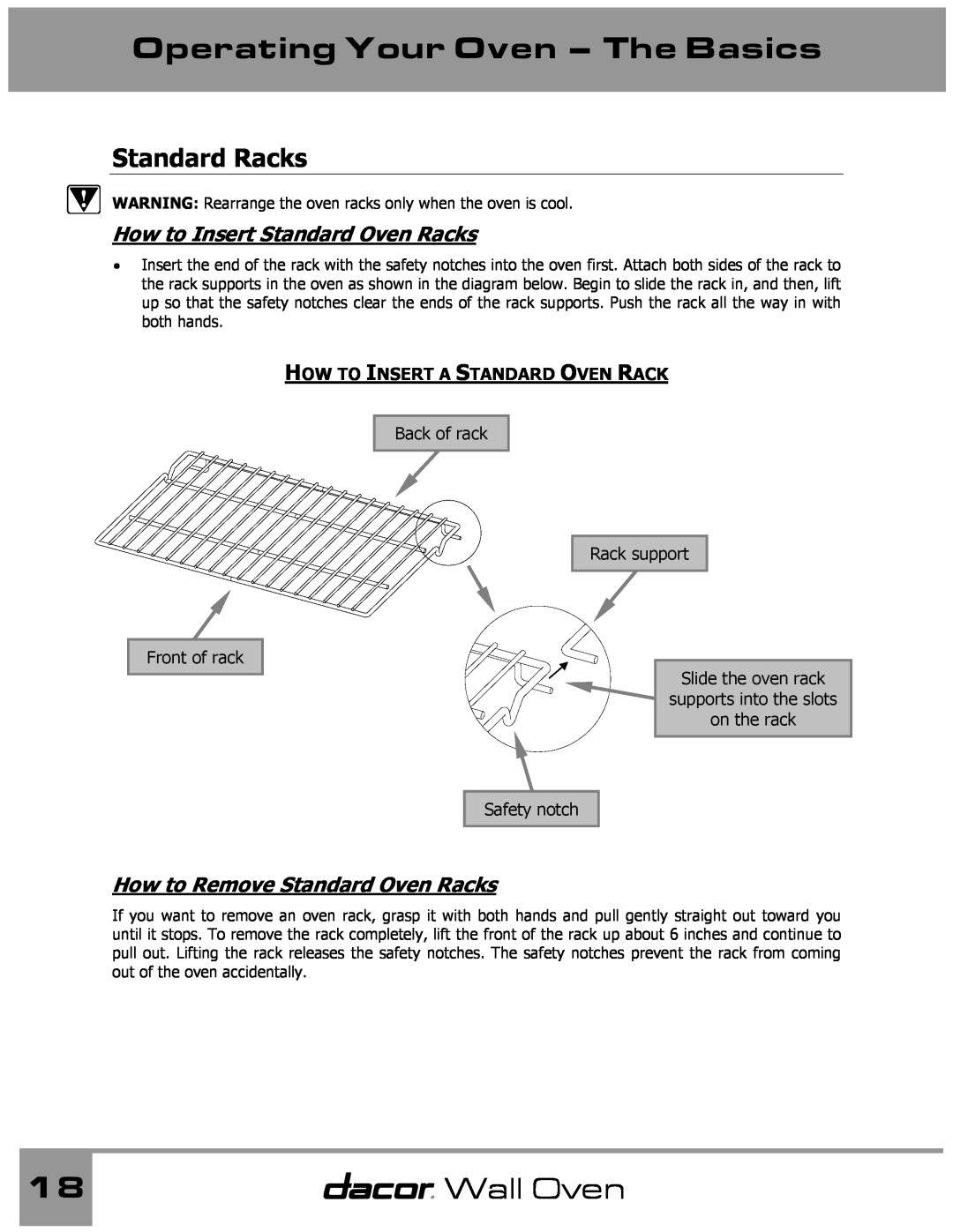 Dacor Wall Oven manual Operating Your Oven - The Basics, Standard Racks, How to Insert Standard Oven Racks 