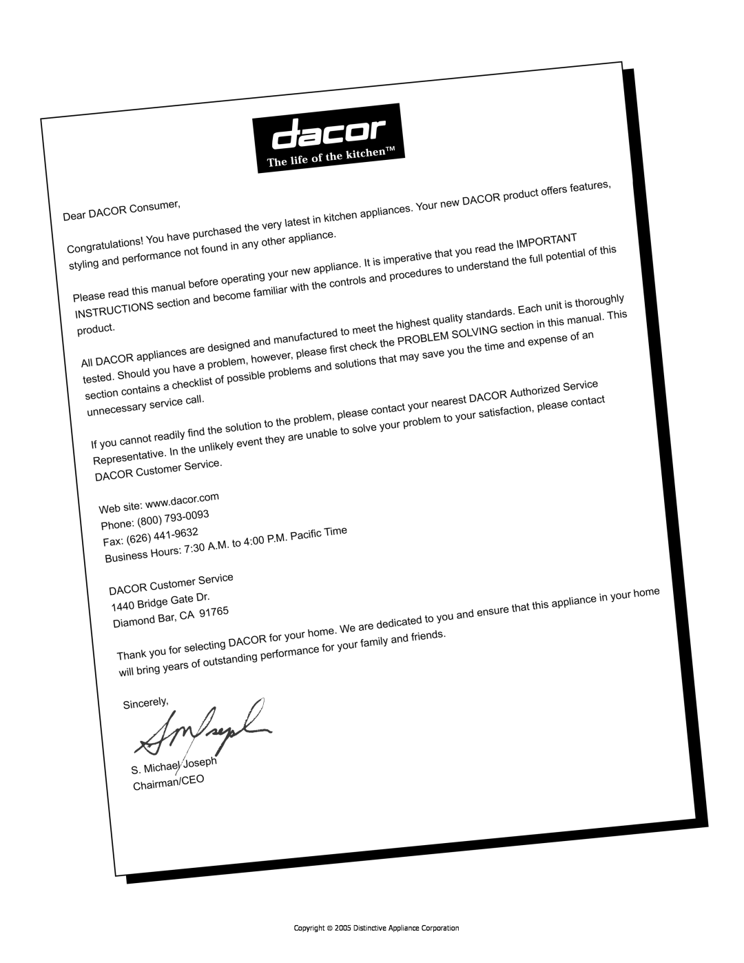 Dacor Wall Oven manual Copyright  2005 Distinctive Appliance Corporation 