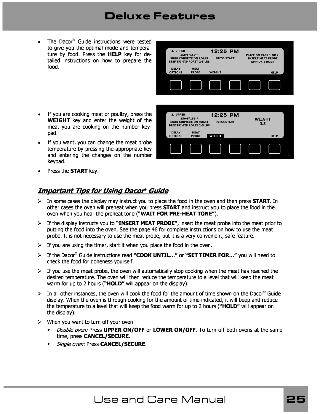 Dacor Wall Oven manual Important Tips for Using Dacor Guide, Deluxe Features, Use and Care Manual, 1225 PM 