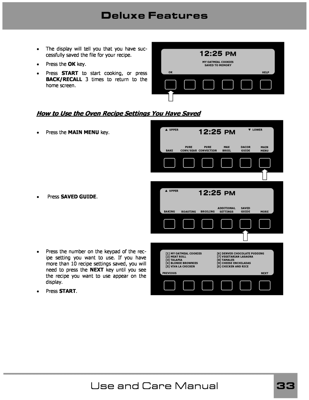 Dacor Wall Oven manual How to Use the Oven Recipe Settings You Have Saved, Deluxe Features, Use and Care Manual, 1225 PM 