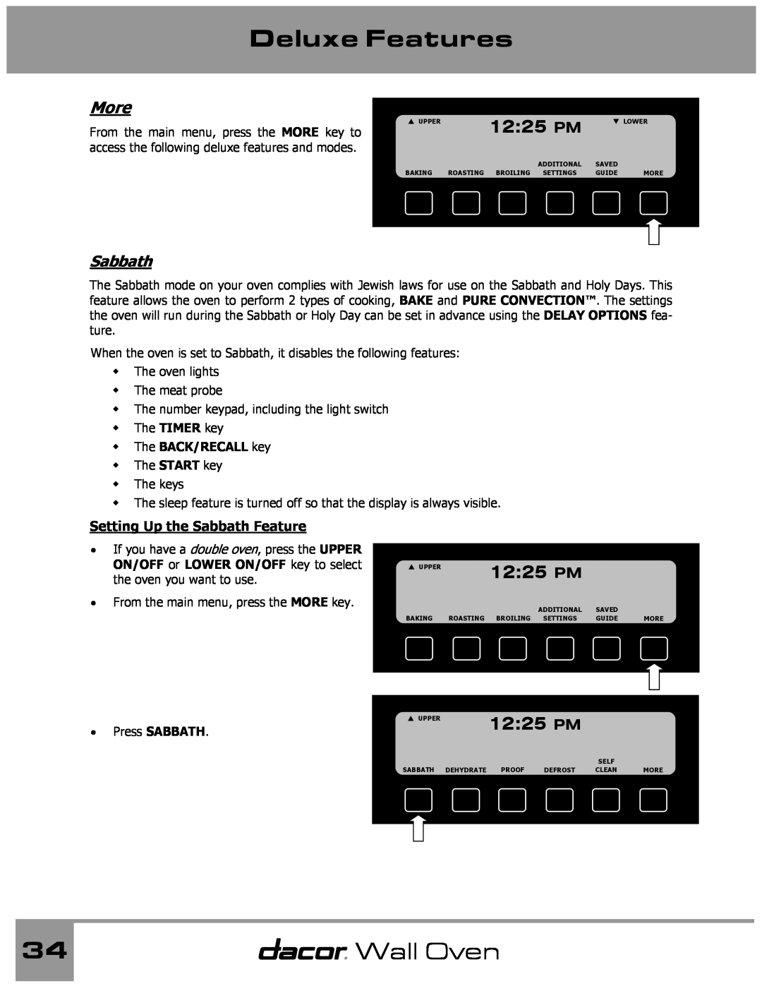 Dacor Wall Oven manual More, Setting Up the Sabbath Feature, Deluxe Features, 1225 PM, The BACK/RECALL key 