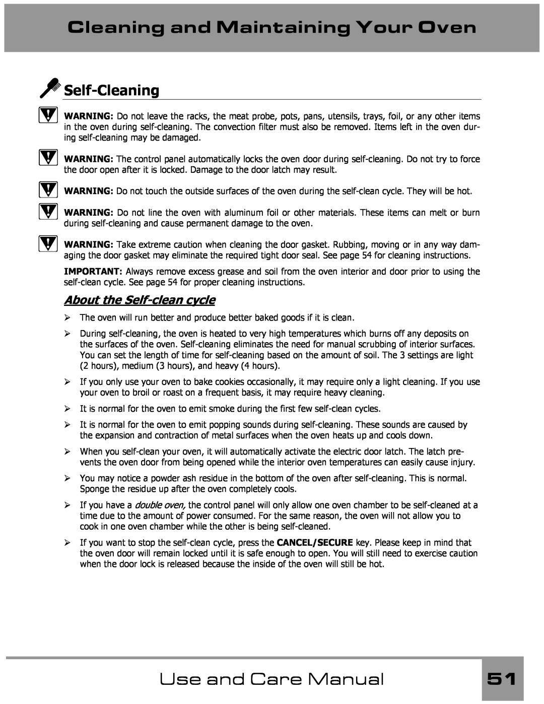 Dacor Wall Oven manual Cleaning and Maintaining Your Oven, Self-Cleaning, About the Self-clean cycle, Use and Care Manual 